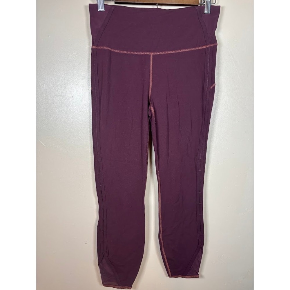 Athleta Womens High Rise 7/8 Leggings Burgundy Mesh Ladder Trim Plum Size M